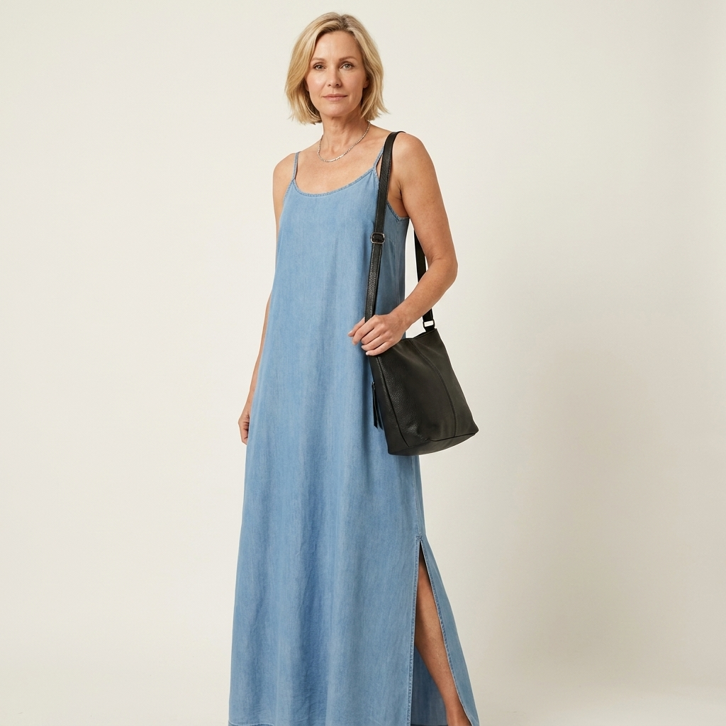 Vestido maxi vaquero con abertura lateral Izaskun, detalle del tejido