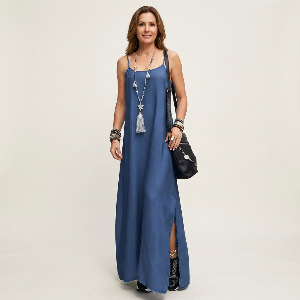 Vestido maxi vaquero con abertura lateral Izaskun, vista frontal