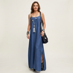 Vestido maxi vaquero con abertura lateral Izaskun, vista frontal