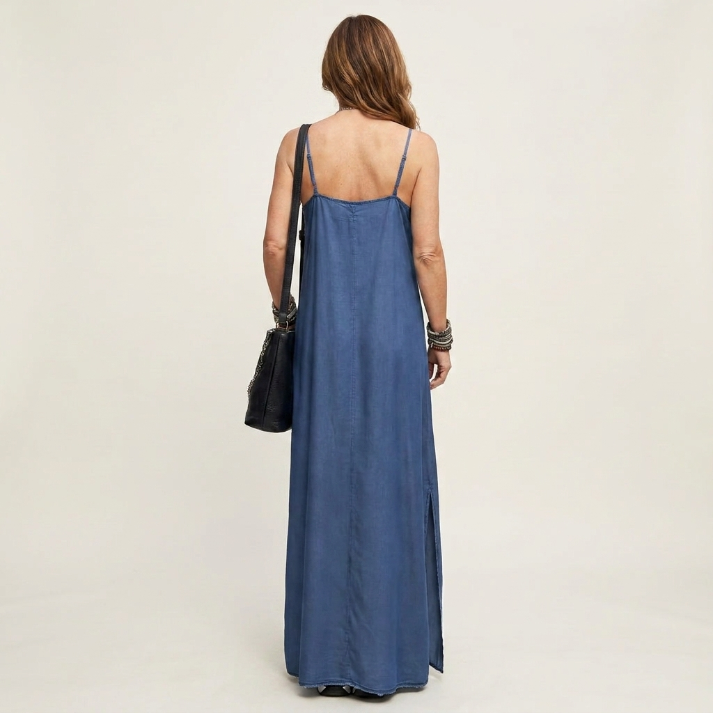 Vestido maxi vaquero con abertura lateral Izaskun, vista posterior