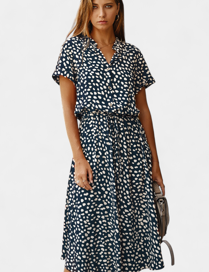 Rovena Vestido Midi de Lunares con Cuello Camisero y Cintura Ajustable