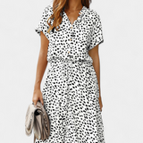 Rovena Vestido Midi de Lunares con Cuello Camisero y Cintura Ajustable