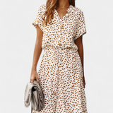 Rovena Vestido Midi de Lunares con Cuello Camisero y Cintura Ajustable