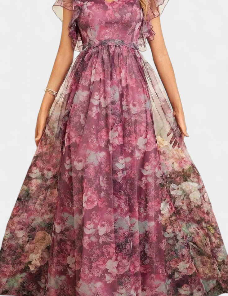 Mariana Vestido Largo Aireado de Chifón con Estampado Floral