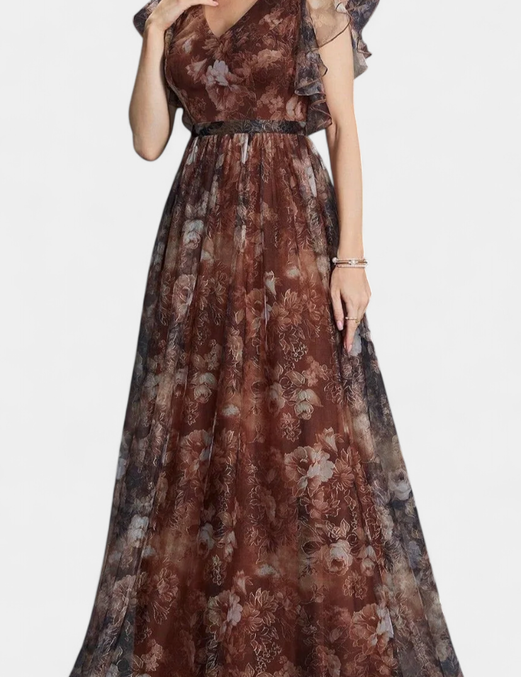 Mariana Vestido Largo Aireado de Chifón con Estampado Floral