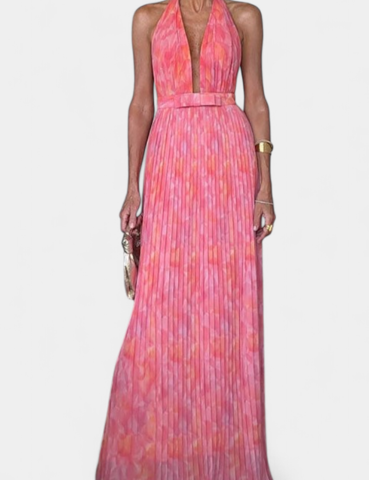 Prisca Vestido Maxi Plisado con Espalda Abierta y Cuello Halter