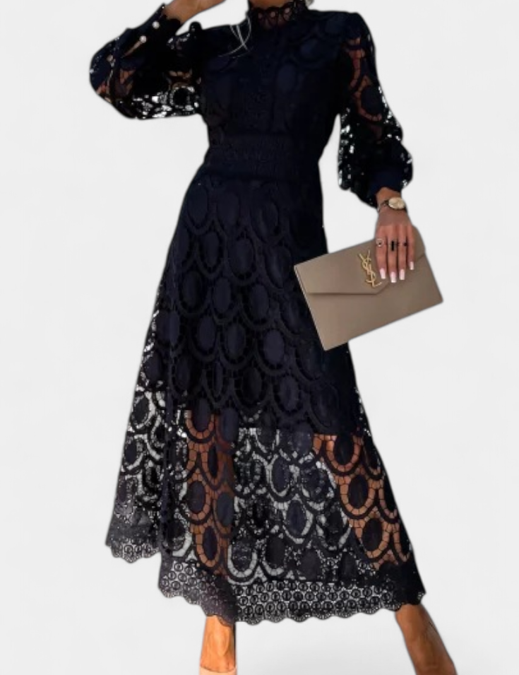 Lucinda Vestido Midi de Encaje con Mangas Farol y Cuello Alto