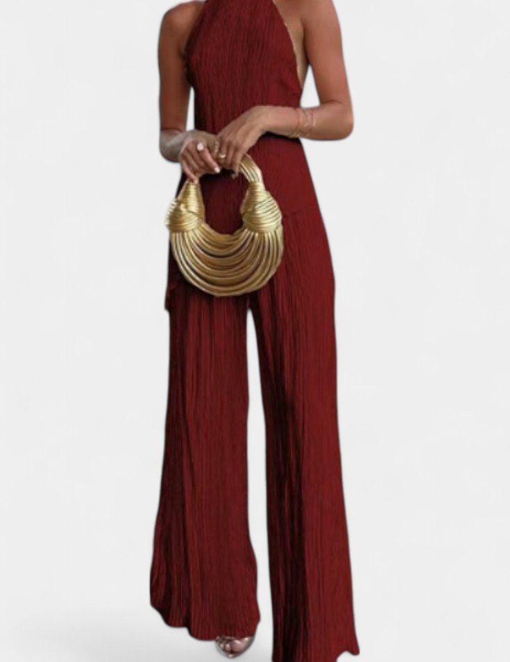 Pilarica Conjunto Elegante Plisado de Top Asimétrico y Pantalón Fluido