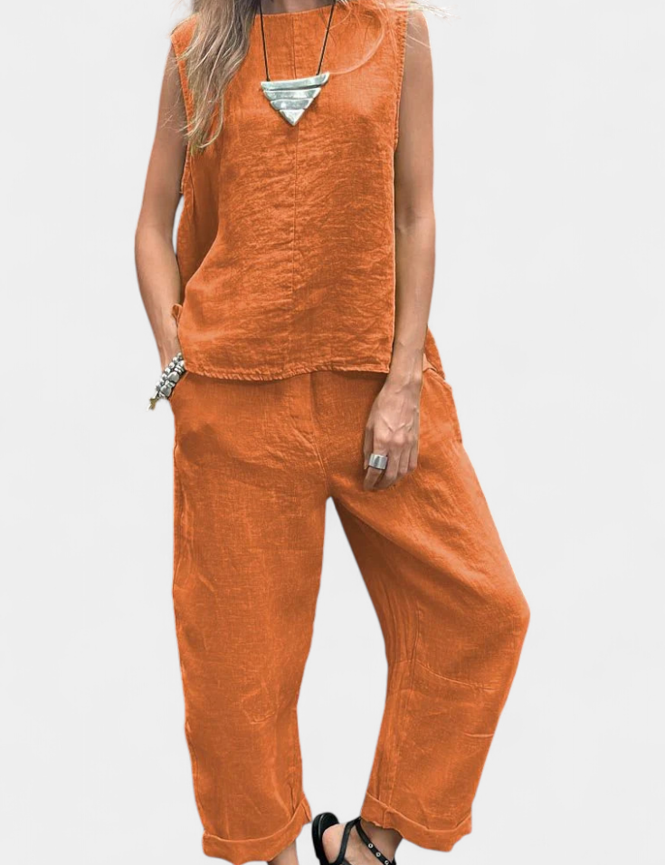 Leona Conjunto de Chaleco y Pantalón Sin Mangas en Algodón Lino