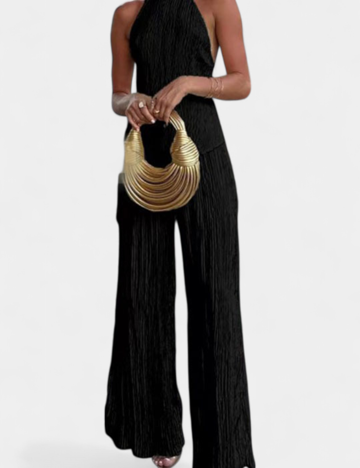 Pilarica Conjunto Elegante Plisado de Top Asimétrico y Pantalón Fluido