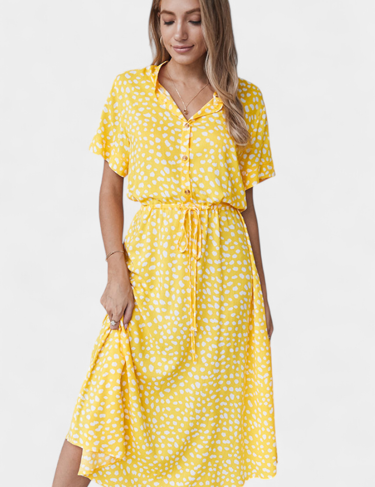 Rovena Vestido Midi de Lunares con Cuello Camisero y Cintura Ajustable