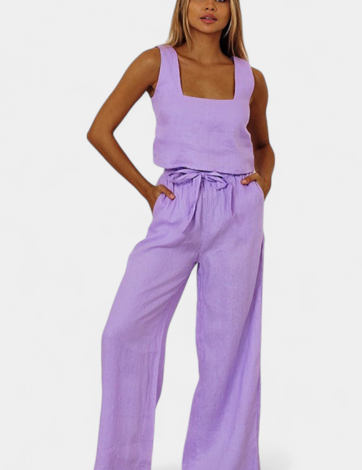 Pascuala Conjunto de Lino de Dos Piezas con Blusa sin Mangas y Pantalón Fluido