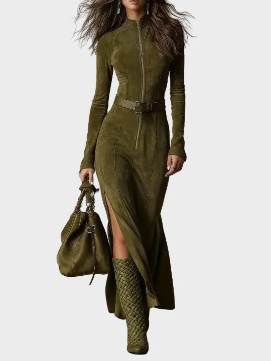Vestido maxi de ante marrón con cinturón y cremallera Tania, vista posterior