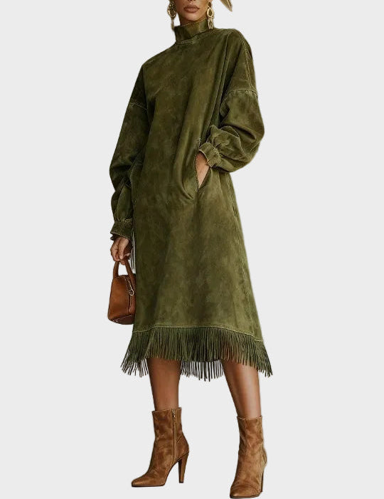 Vestido de ante con cuello alto y flecos Constanza, vista frontal