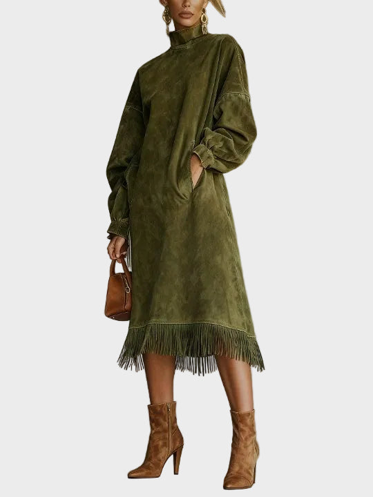 Vestido de ante con cuello alto y flecos Constanza, vista frontal