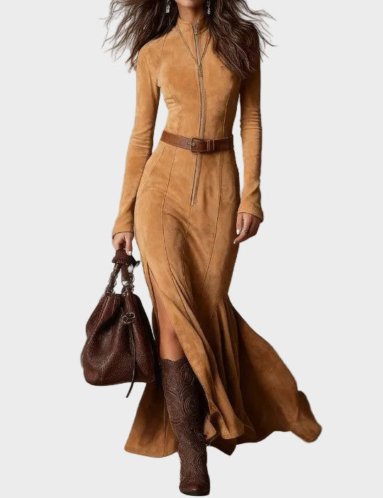 Vestido maxi de ante marrón con cinturón y cremallera Tania, detalle del tejido
