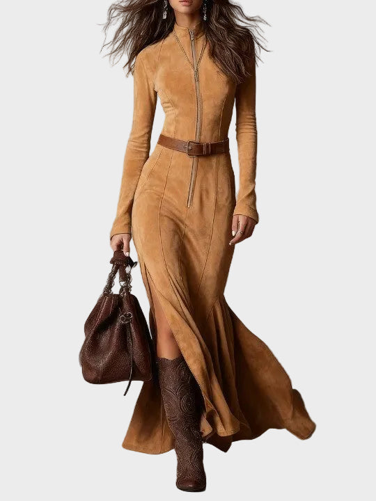 Vestido maxi de ante marrón con cinturón y cremallera Tania, detalle del tejido