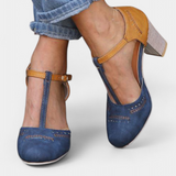 Mira Tacones de Bloque con Correa en T y Detalle Perforado