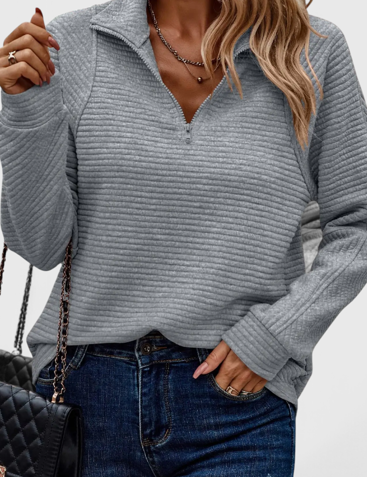 Helene Jersey de Cuello en V con Cremallera y Manga Larga