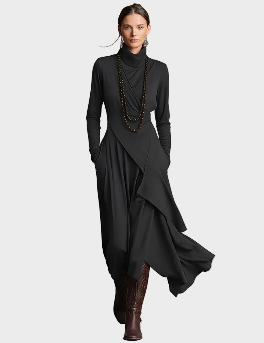 Vestido maxi asimétrico de punto con cuello alto Teresa, vista posterior