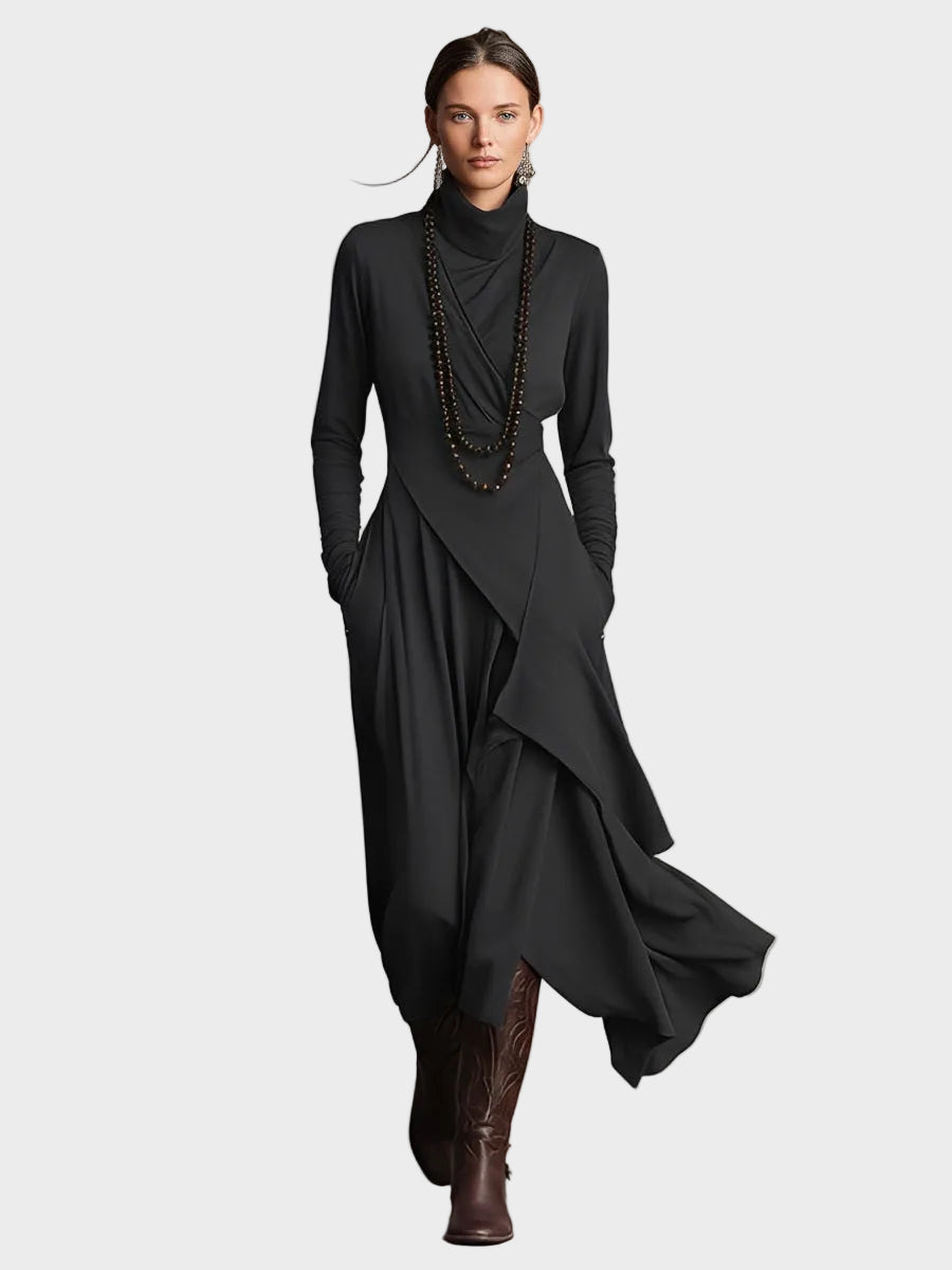 Vestido maxi asimétrico de punto con cuello alto Teresa, vista posterior