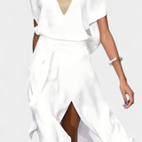 Effie Vestido Blanco Cruzado con Escote Calado y Abertura Frontal