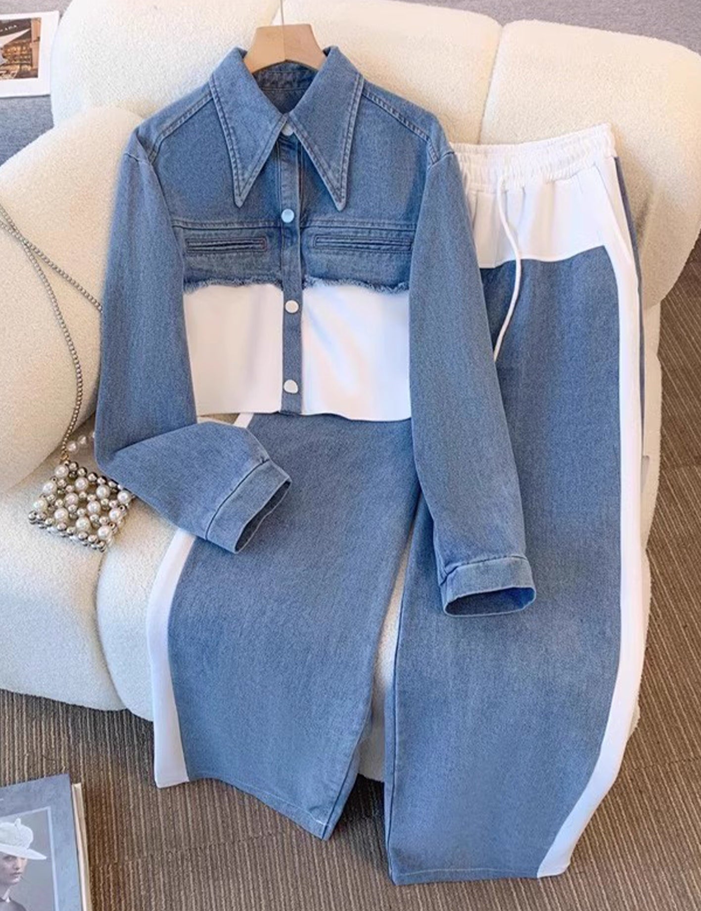 Conjunto de chaqueta bicolor y pantalón de pierna ancha Xiana, detalle 1