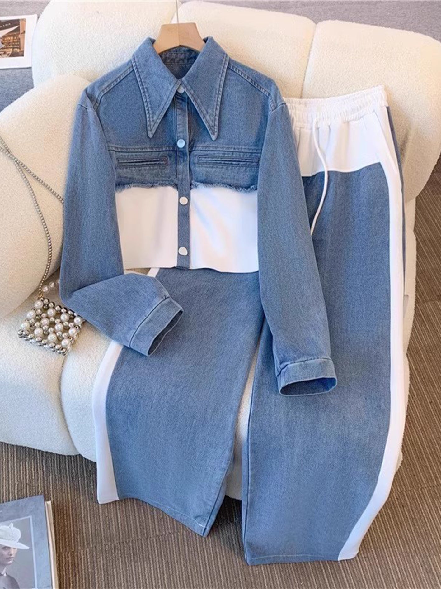 Conjunto de chaqueta bicolor y pantalón de pierna ancha Xiana, detalle 1