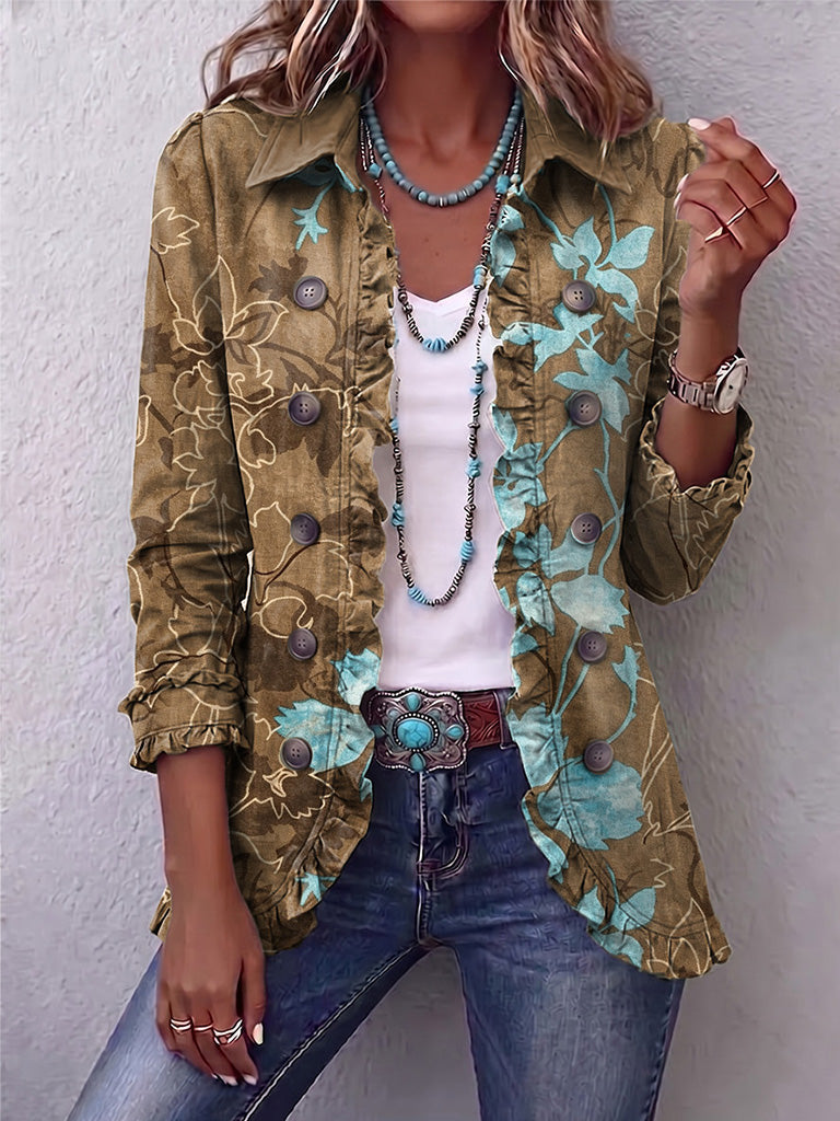 Chaqueta vintage floral de volantes en degradado boho Covadonga, vista frontal