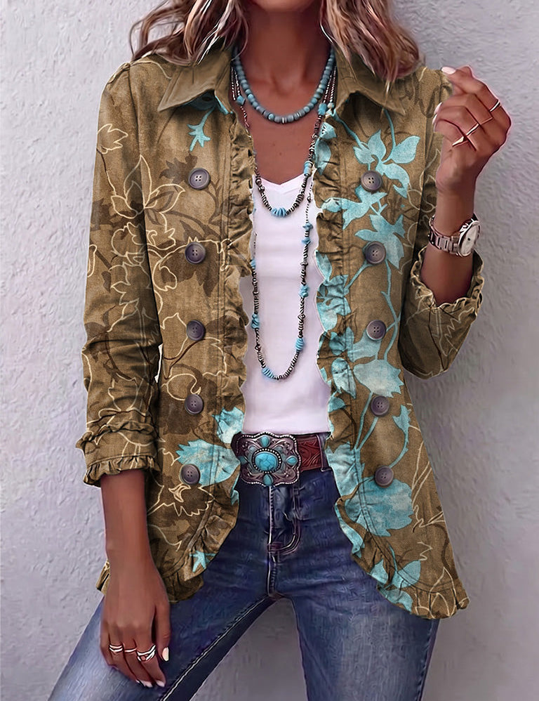 Chaqueta vintage floral de volantes en degradado boho Covadonga, vista frontal