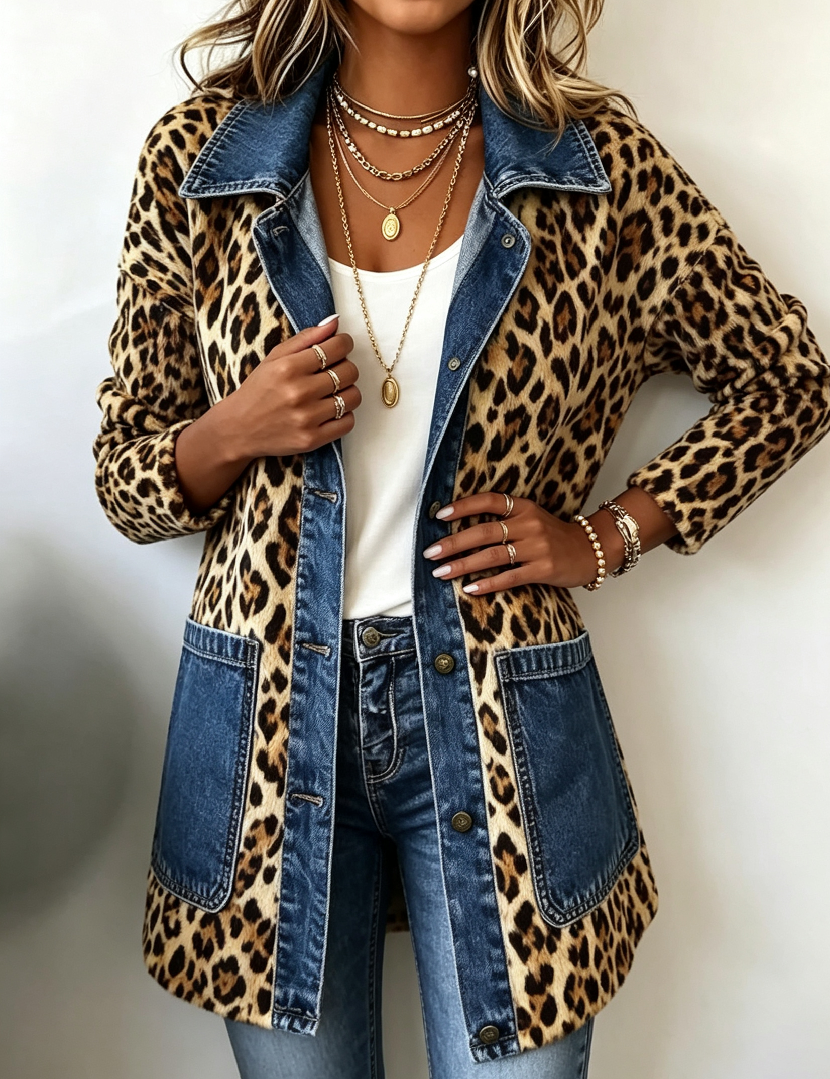 Chaqueta larga vaquera con estampado de leopardo Nora, vista frontal