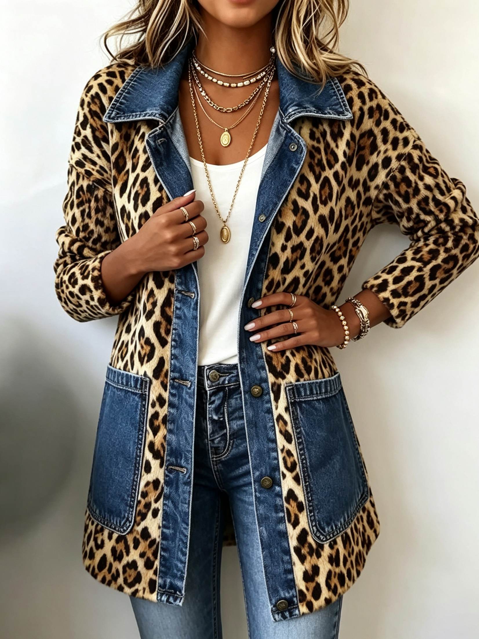 Chaqueta larga vaquera con estampado de leopardo Nora, vista frontal