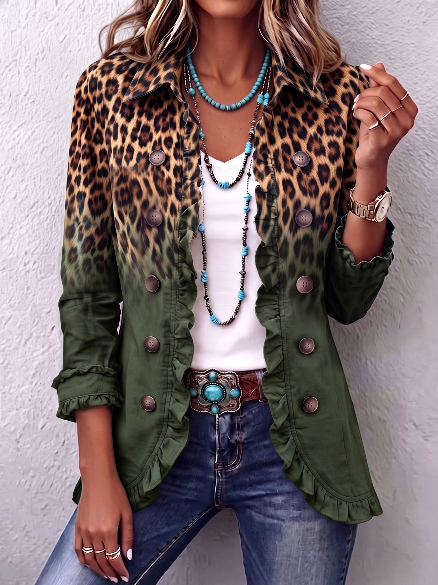 Blazer de volantes en degradado de leopardo Emma, detalle 3