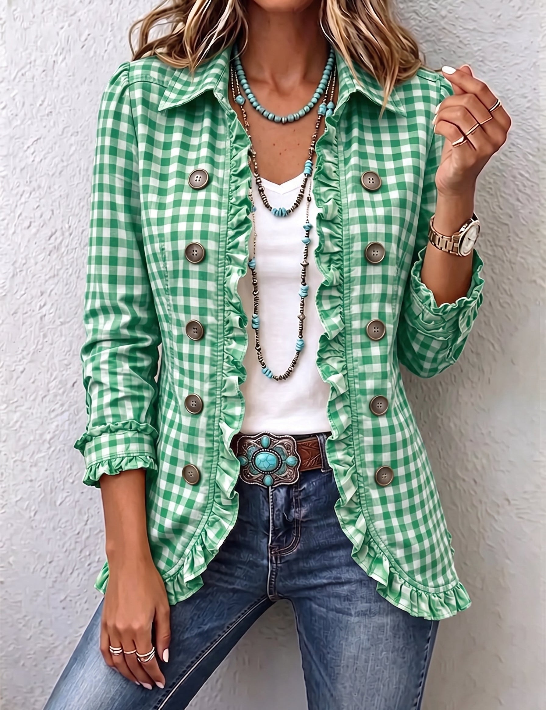 Chaqueta de botones con volantes de cuadros vichy Herminia, vista frontal