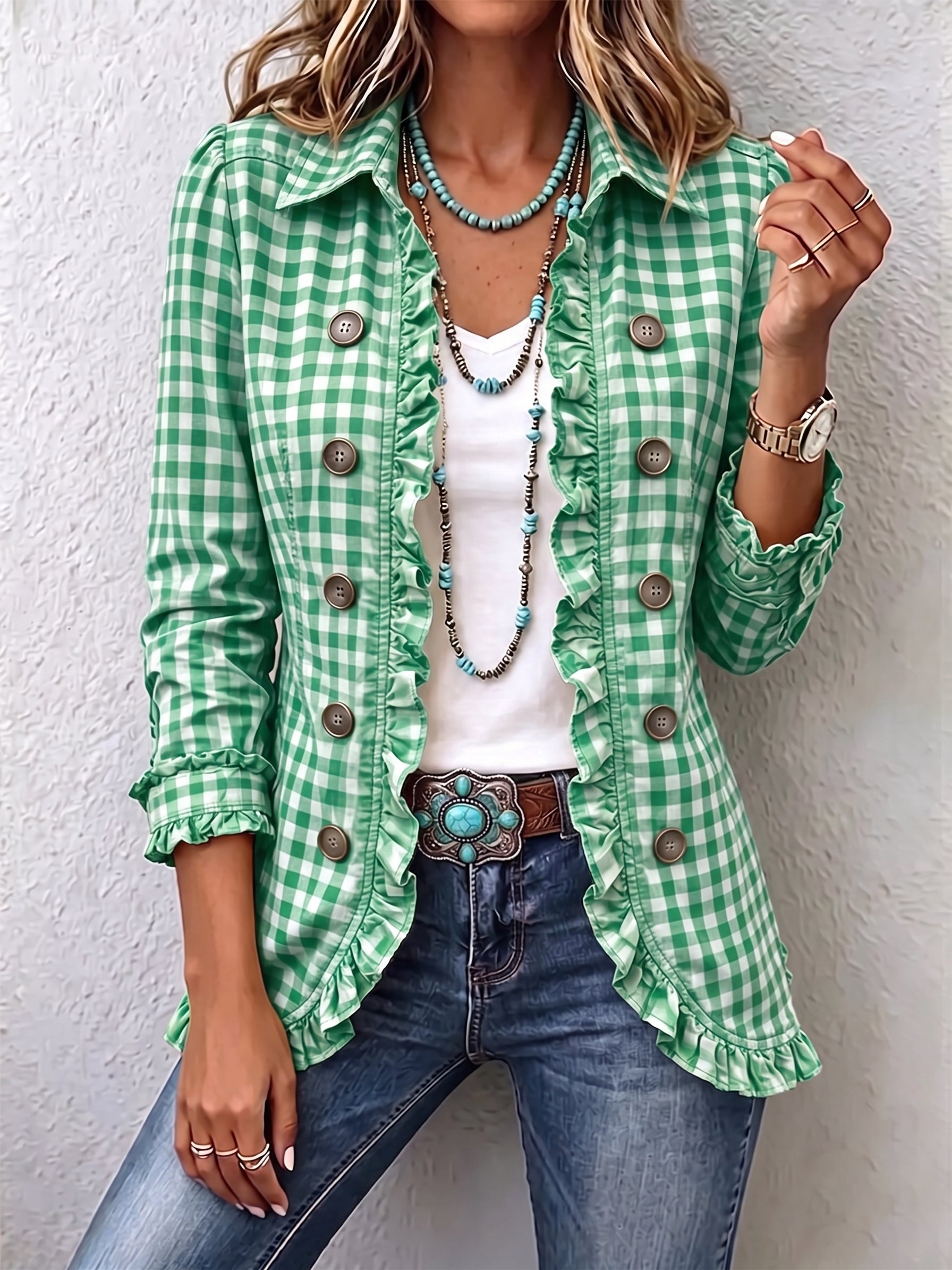 Chaqueta de botones con volantes de cuadros vichy Herminia, vista frontal