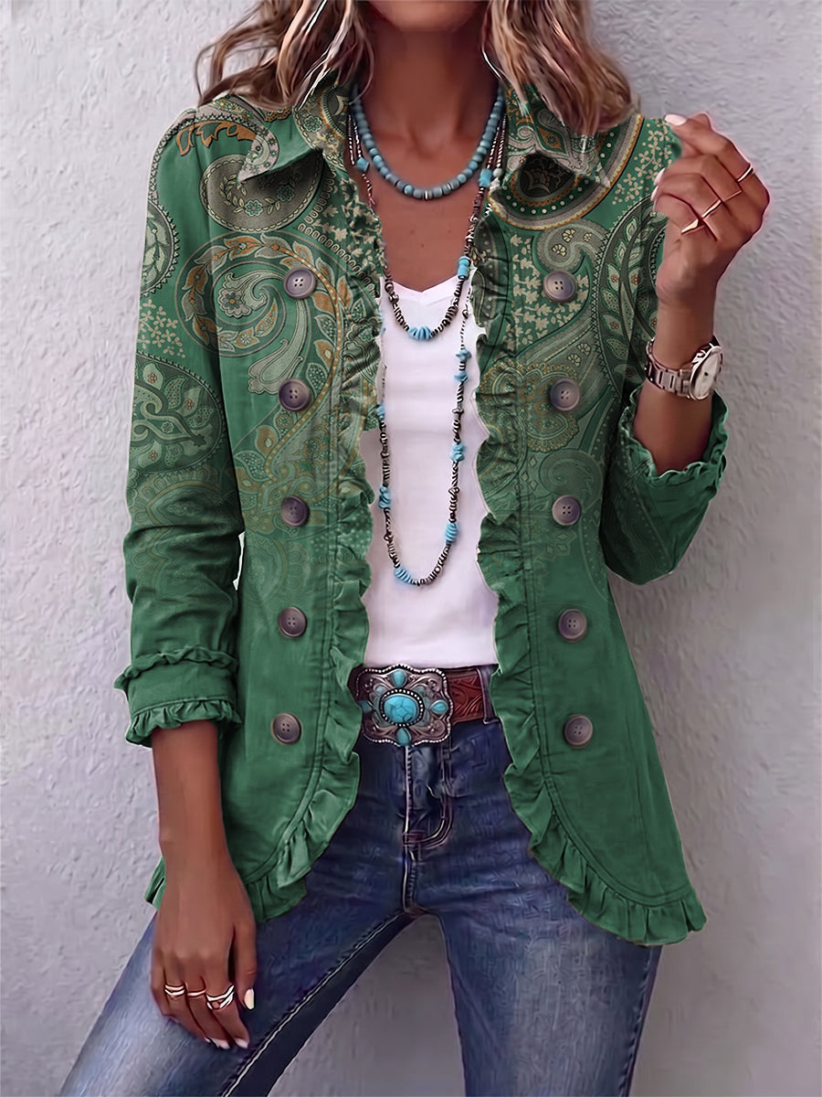 Chaqueta de volantes con estampado paisley bohemio Isolina, vista frontal
