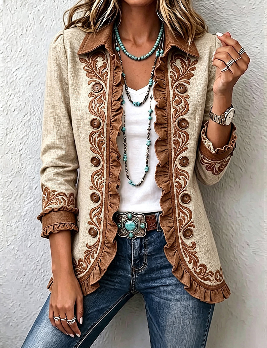 Chaqueta vintage bohemia de flores con volantes Caridad, vista frontal