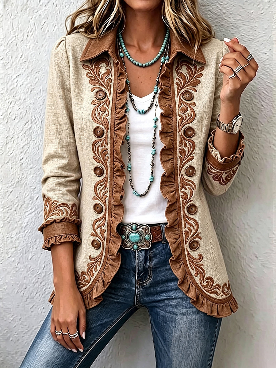 Chaqueta vintage bohemia de flores con volantes Caridad, vista frontal