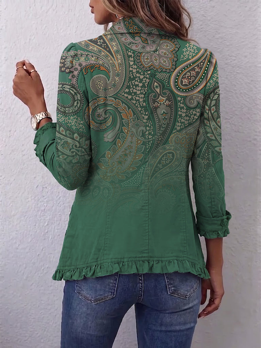 Chaqueta de volantes con estampado paisley bohemio Isolina, vista posterior