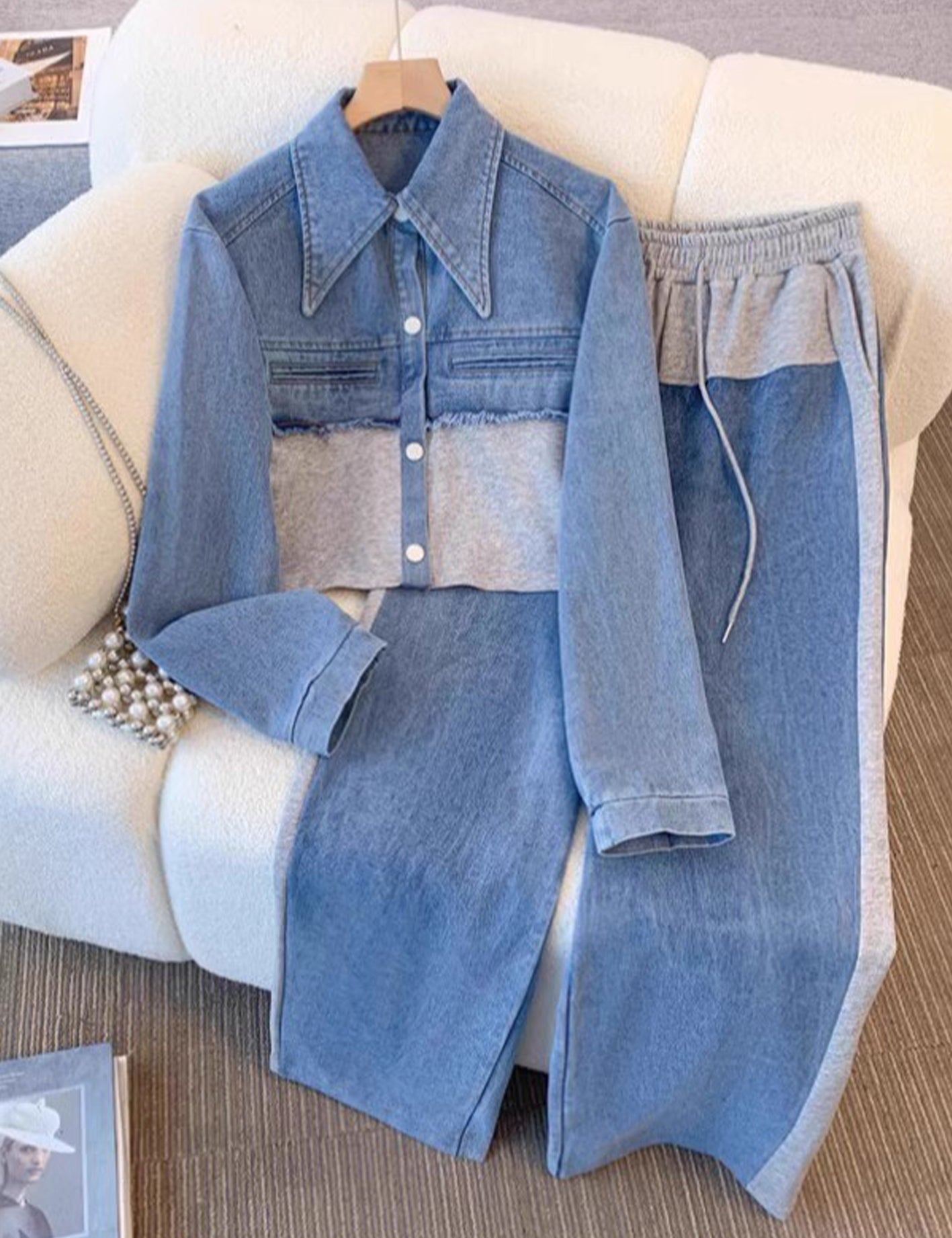 Conjunto de chaqueta bicolor y pantalón de pierna ancha Xiana, conjunto completo
