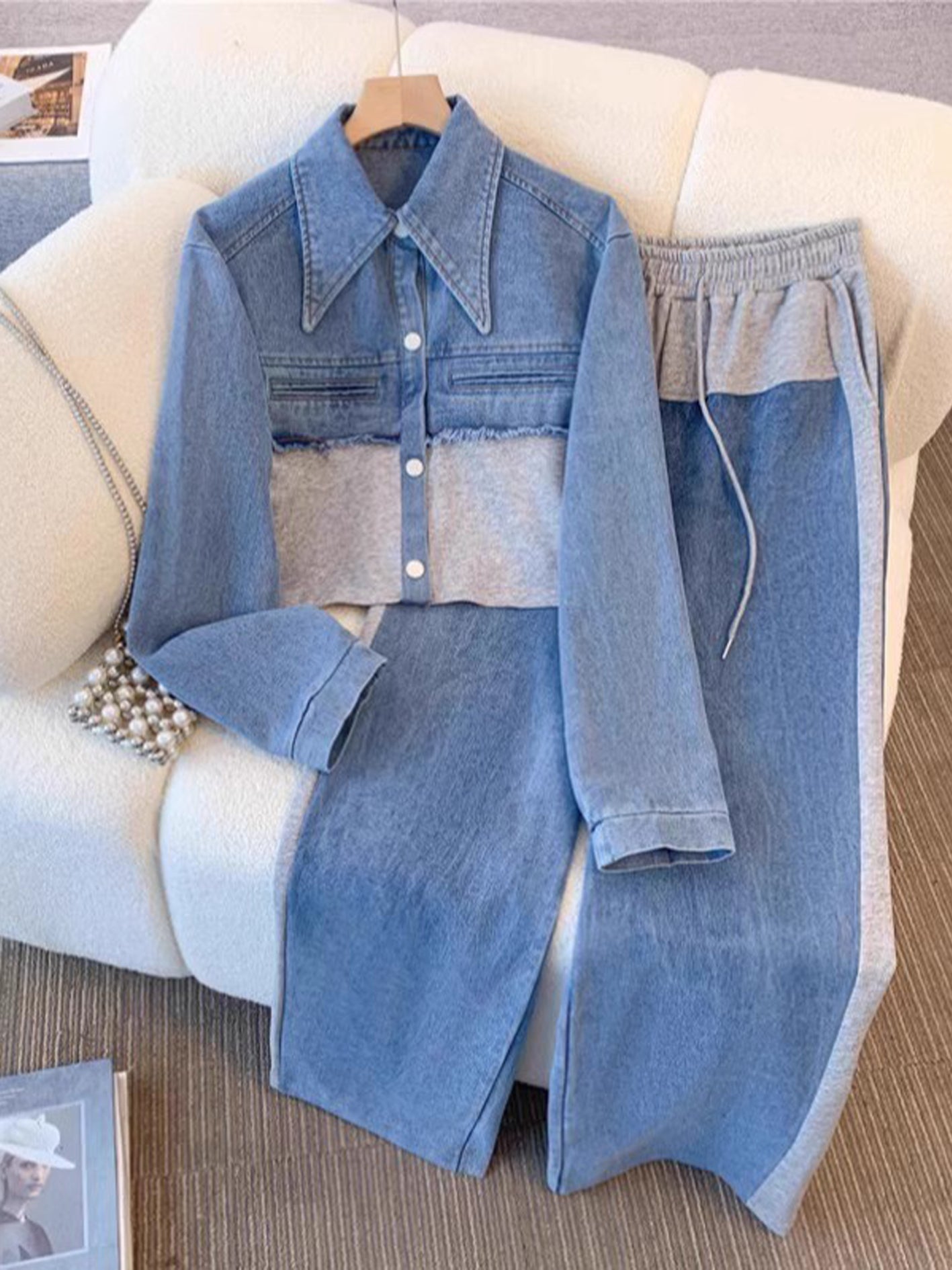 Conjunto de chaqueta bicolor y pantalón de pierna ancha Xiana, conjunto completo