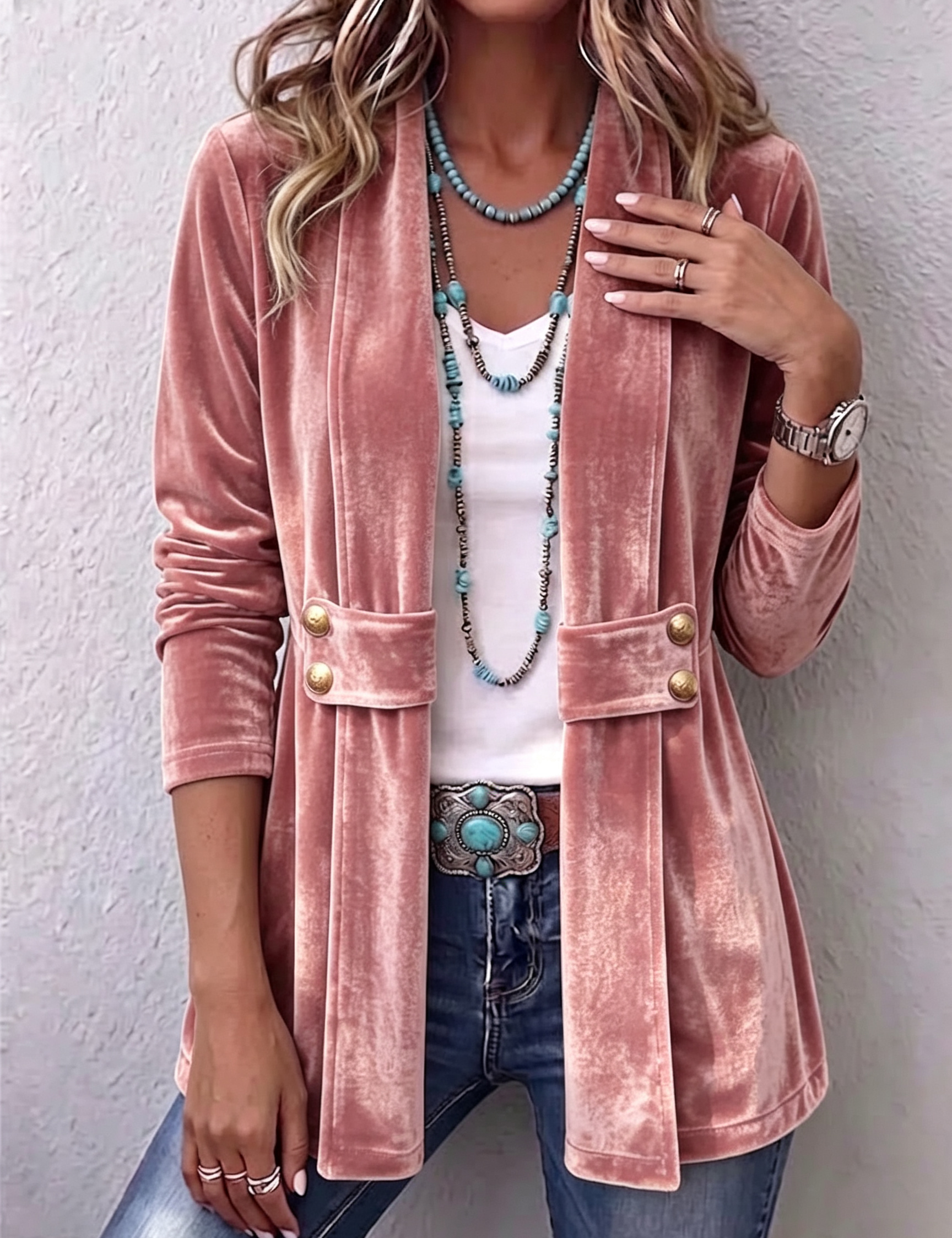 Chaqueta abierta de manga larga con botón vintage Leocadia, detalle 3