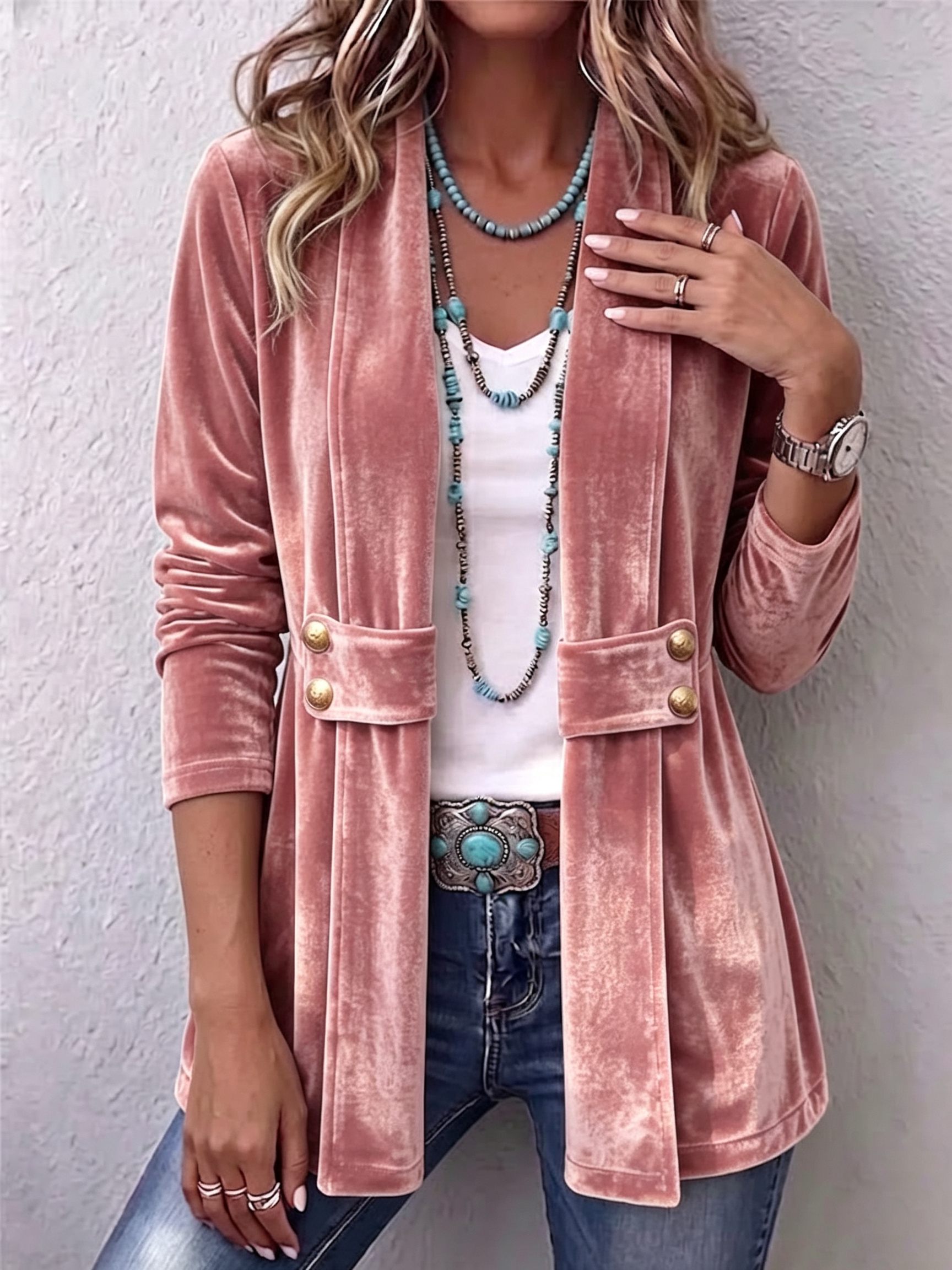 Chaqueta abierta de manga larga con botón vintage Leocadia, detalle 3