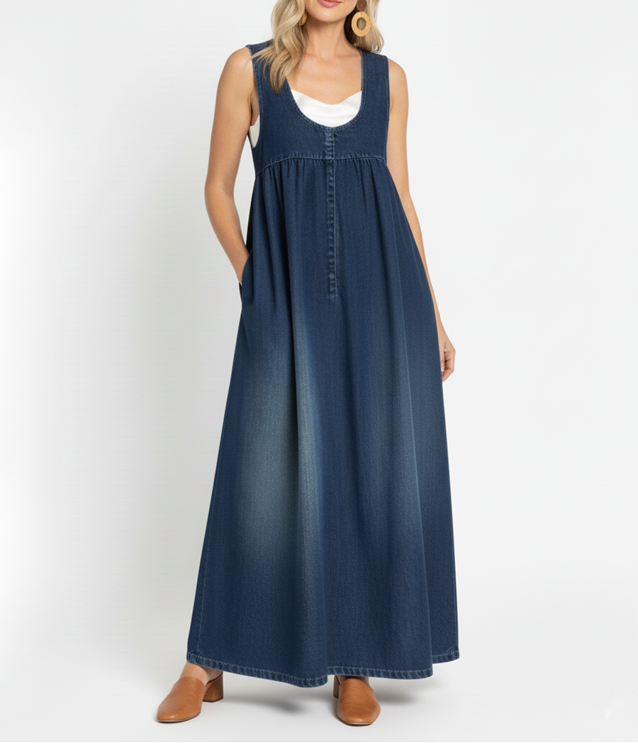 Vestido largo vaquero lavado con algodón suave Iratxe, vista posterior