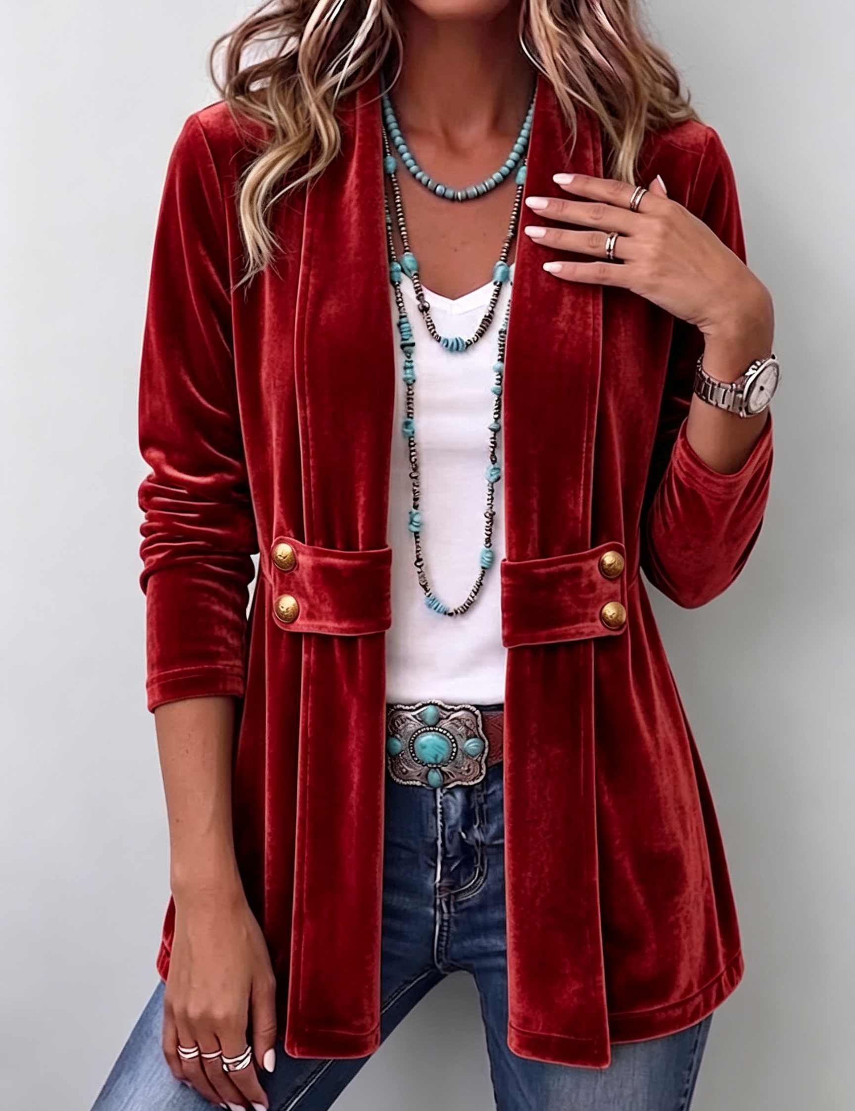 Chaqueta abierta de manga larga con botón vintage Leocadia, detalle 2