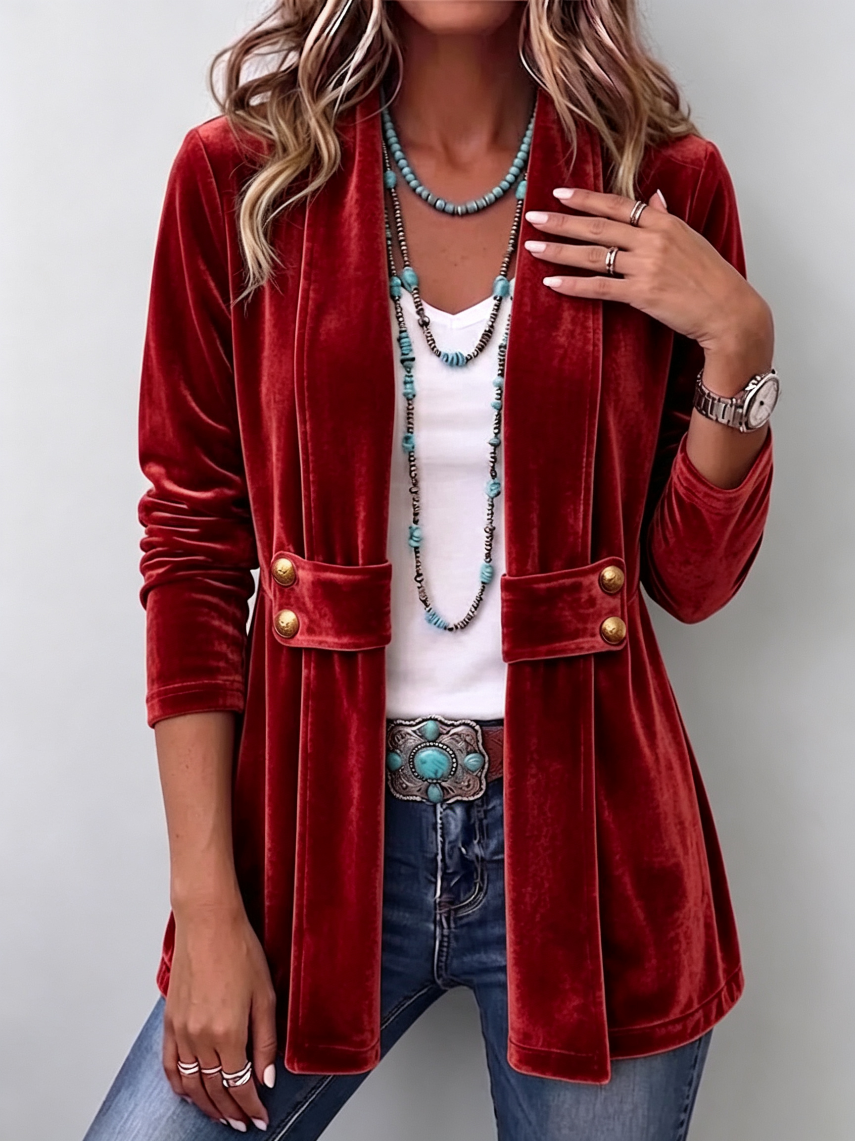 Chaqueta abierta de manga larga con botón vintage Leocadia, detalle 2