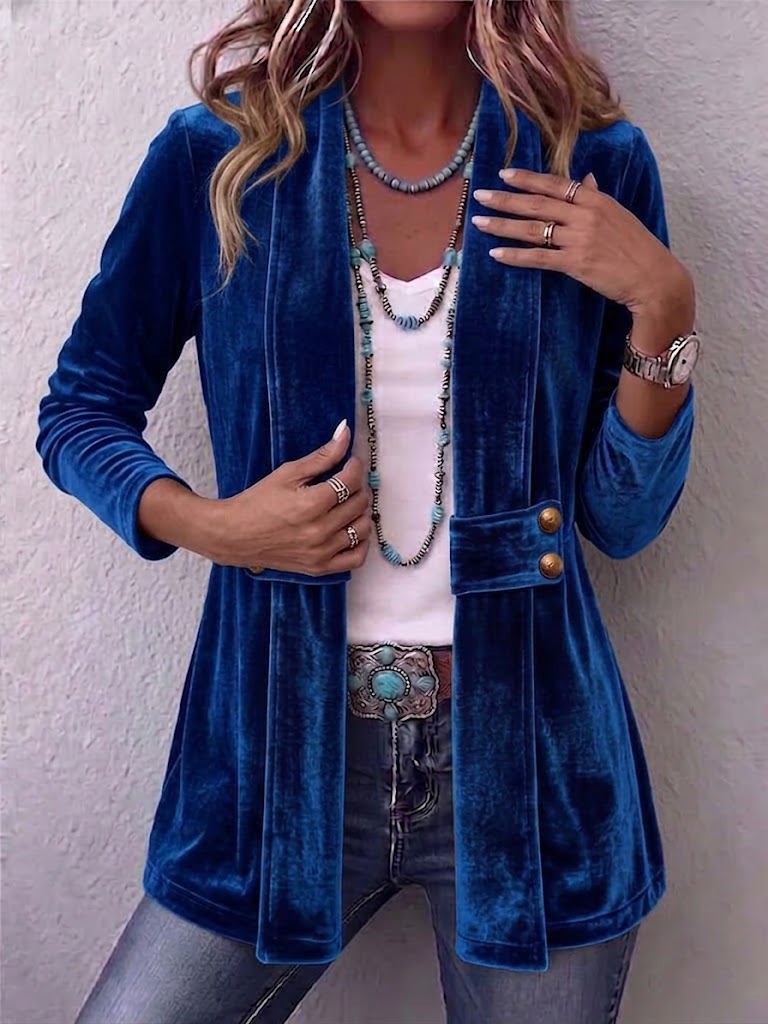 Chaqueta abierta de manga larga con botón vintage Leocadia, detalle del tejido