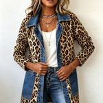Chaqueta larga vaquera con estampado de leopardo Nora, detalle del tejido