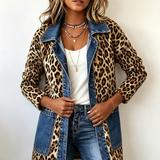 Chaqueta larga vaquera con estampado de leopardo Nora, detalle del tejido