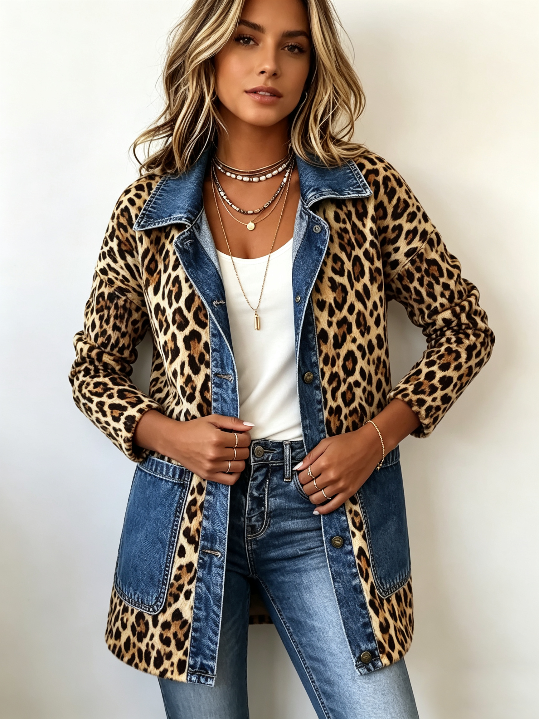 Chaqueta larga vaquera con estampado de leopardo Nora, detalle del tejido